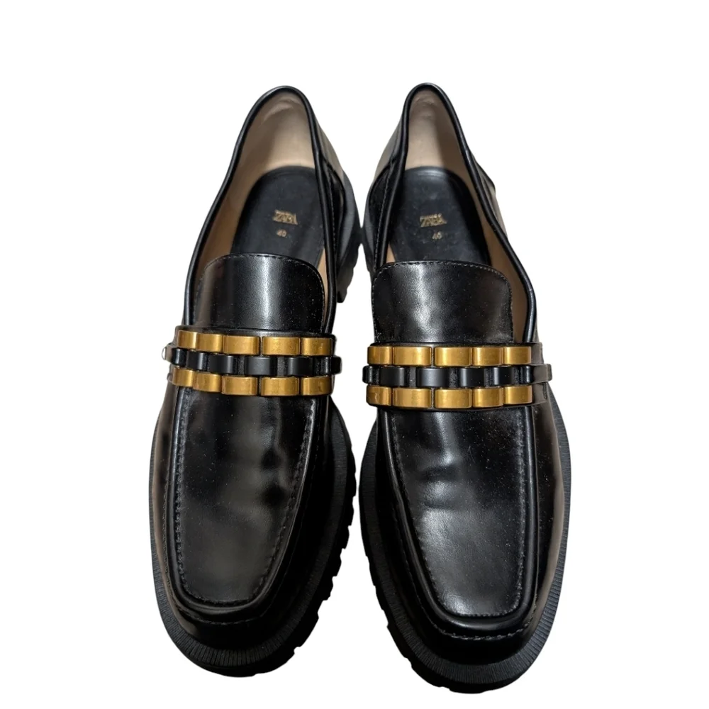 Zara Black Gold Loafers Chunky Treaded Sole